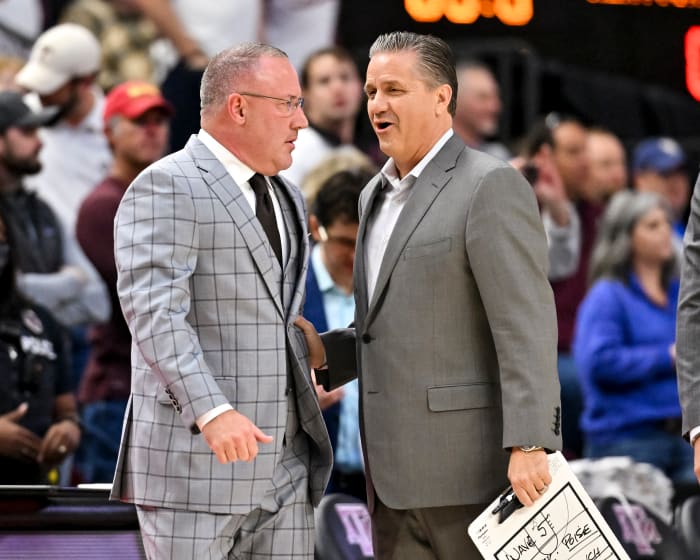Jan 19, 2022; College Station, Texas, USA; Kentucky Wildcats head coach John Calipari and Texas A&M Aggies head coach Buzz Williams talk prior to the start of the game at Reed Arena. Mandatory Credit: Maria Lysaker-USA TODAY Sports